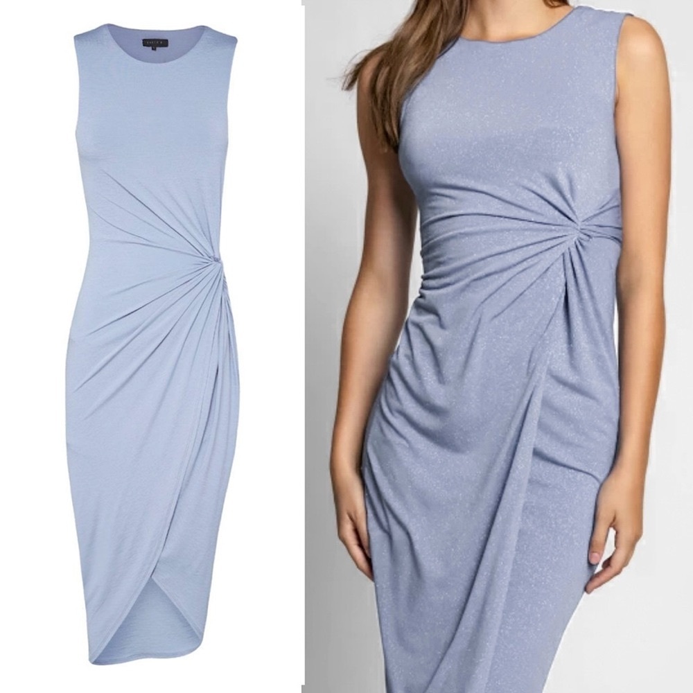 Sheike Dusty Blue Bodycon Twist Stretch Midi Dress | 4